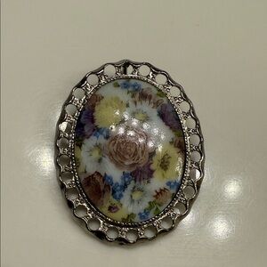 Floral Oval Brooch/ pendant with Silver Frame